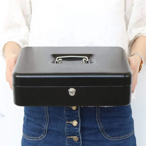 Miniatura 8 de Jssmst - Caja grande de seguridad para dinero con bandeja; caja con cerradura para dinero con cable de seguridad y cerradura de llave, de metal