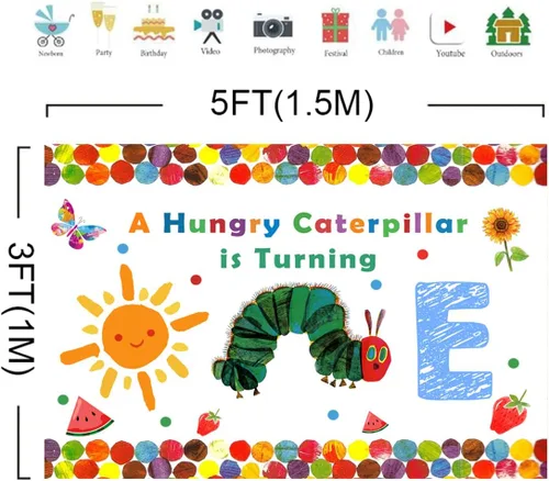 Miniatura 5 de Lofaris A Hungry Caterpillar is Turning One Happy Birthday - Telón de fondo de fiesta de cumpleaños con diseño de oruga de dibujos animados, diseño