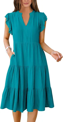 Miniatura 27 de ANRABESS Vestido de verano para mujer, manga con volantes, cuello en V, vestido midi a la moda, casual, holgado, escalonado, bohemio, playa