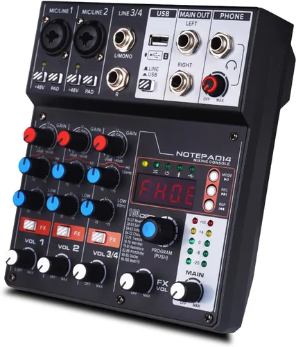 AD14 Mezclador de audio profesional Placa de sonido Interfaz Sistema de consola 4 canales USB digital Bluetooth MP3 Entrada de computadora 48V