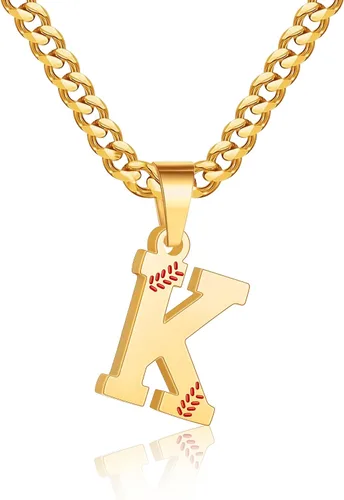 Miniatura 14 de Avotto Collar de béisbol con letra inicial de la A a la Z para niños y hombres, cadena cubana de acero inoxidable resistente que no se decolora