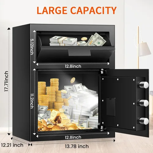 Miniatura 8 de Caja de seguridad depositaria de 2.6 pies cúbicos para negocios con ranura de colocación rápida, cajas de seguridad para efectivo con pantalla LCD