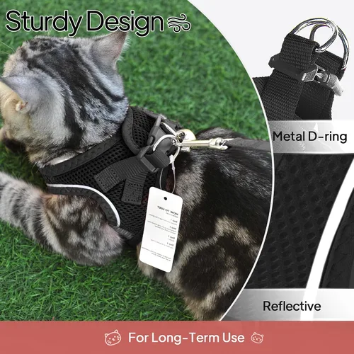 Miniatura 7 de TwoEar Arnés de gato a prueba de escape, suave chaleco ajustable para perro, de malla transpirable, chaqueta reflectante de fácil control para Negro
