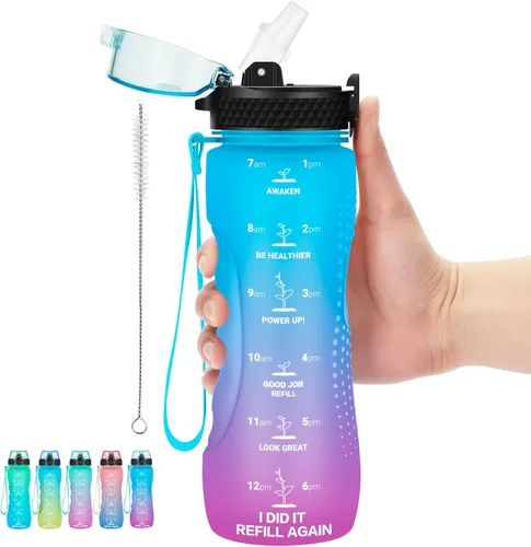 Miniatura 17 de Botella de agua motivacional para niños de 24 onzas con marcador de tiempo, tapa de pajilla, a prueba de fugas, botella de agua deportiva Tritan sin