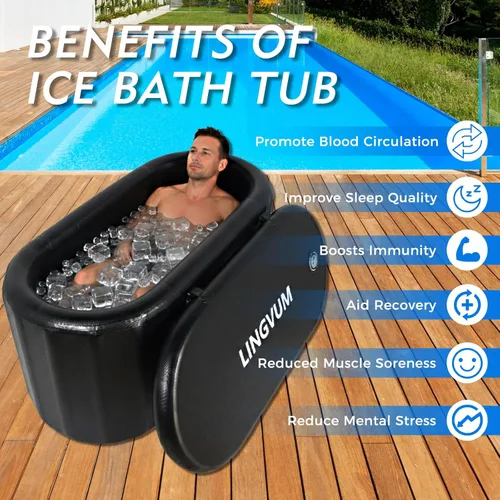 Miniatura 4 de Bañera inflable XXL para atletas, bañera fría de 195 galones con tapa, compatible con enfriadores de agua, bañera independiente ovalada portátil