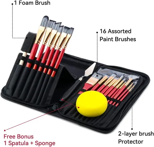 Miniatura 2 de Transon Kit de 20 pinceles de pintura artística con estuche de almacenamiento, 16 pinceles + espátula de esponja para aceite acrílico, acuarela, Rosa