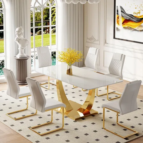 Miniatura 46 de Juego de mesa de comedor para 4, mesa de comedor de mármol sintético de 63 pulgadas con patas y base de acero inoxidable, sillas acolchadas