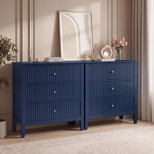 Miniatura 13 de RoyalCraft Cómoda Acanalada Beige de 3 Cajones, Cómoda de 32 Pulgadas de Ancho Mesita de Noche para Dormitorio, Cofre de Cajones de Madera Moderno