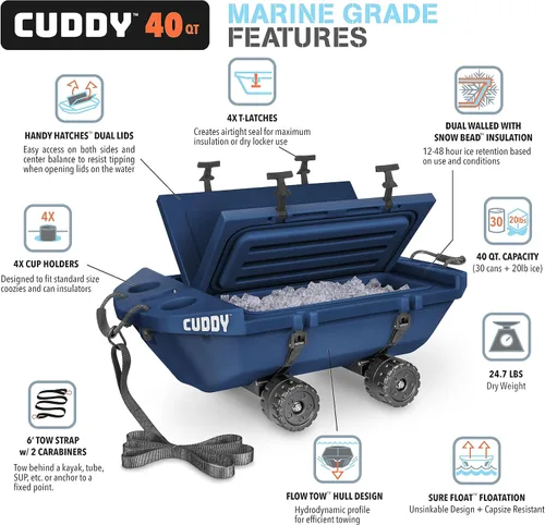 Miniatura 6 de CUDDY Enfriador Rodante con Ruedas – 40 QT Enfriador Flotante Anfibio y Recipiente de Almacenamiento Seco - Naranja, Azul Marino, Tostado o Blanco