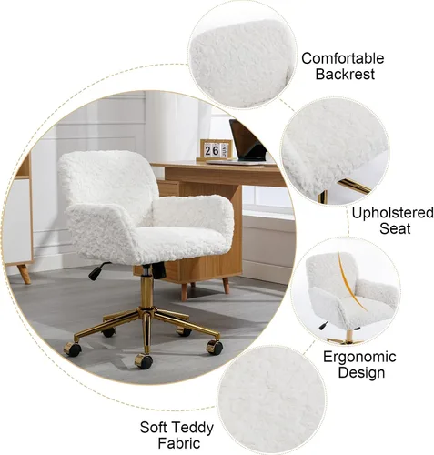 Miniatura 5 de SSLine Silla de escritorio de piel sintética, moderna y bonita silla de oficina, cómoda silla giratoria de tela de peluche mullida con ruedas