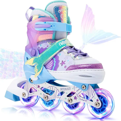 NEMONE Patines en línea estilo sirena, patines ajustables en 4 tallas para niñas y niños con ruedas iluminadas, para principiantes, uso en A- Sirena