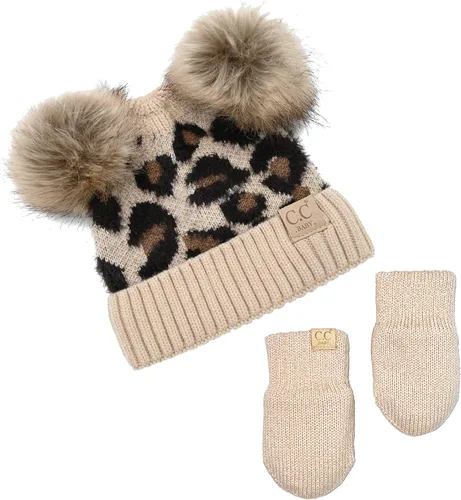 Miniatura 3 de Funky Junque Conjunto de gorro y mitones con doble pompón de pelo sintético para bebé – Gorro de invierno para recién nacidos de 0–9 meses