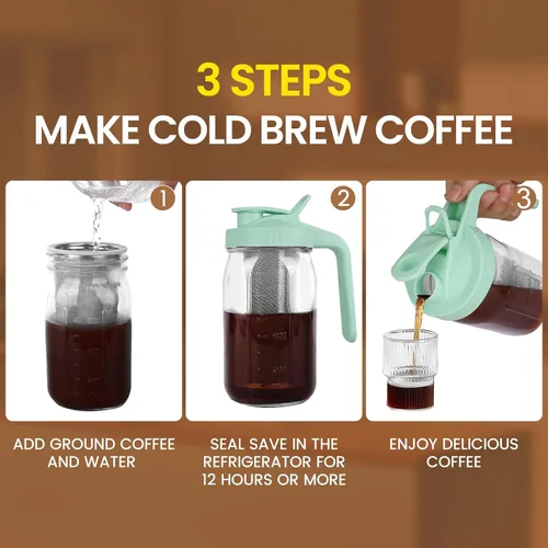 Miniatura 4 de Máquina para café de filtro frío, jarra de albañil de 32 onzas con filtro de acero inoxidable, tapa con asa de salida, vidrio resistente hermético