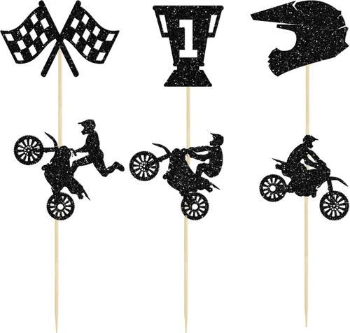 Miniatura 3 de Ephlyn Decoración para cupcakes de motocicleta, 24 piezas de decoraciones negras con purpurina para deportes, tema de motocross, para hombre y niño