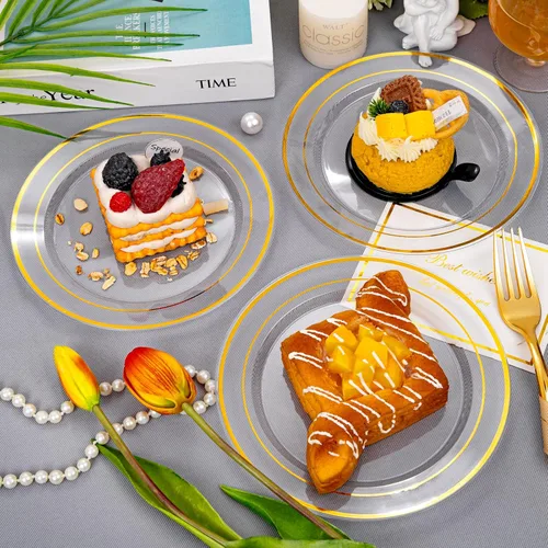 Miniatura 7 de I00000 60 platos de postre dorados transparentes, platos de plástico transparente con borde dorado de 7 pulgadas, platos desechables de boda