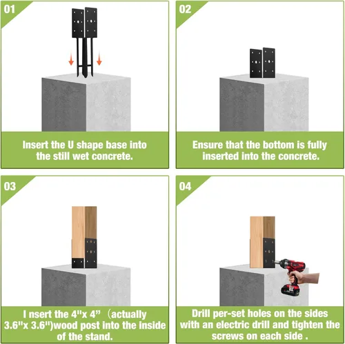 Miniatura 4 de Anclaje para poste de valla de hormigón húmedo de 4 x 4 pulgadas, 4 piezas (diámetro interior de 3.6 x 3.6 pulgadas), soporte de poste de valla