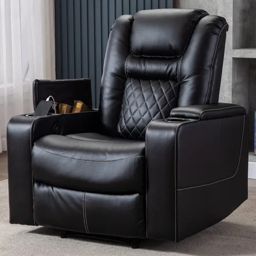 CANMOV Silla reclinable eléctrica con puertos USB y portavasos, asiento de cine en casa de cuero transpirable con almacenamiento oculto en el brazo
