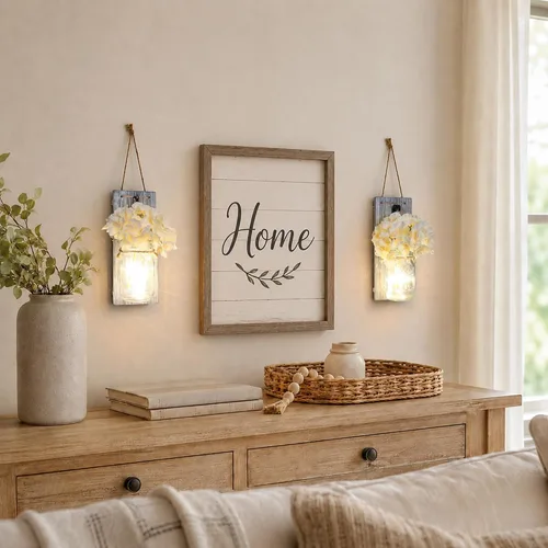 Miniatura 8 de Decoración rústica de madera para colgar en la pared con tira de luces LED para sala de estar y dormitorio modernos, estilo campestre inspirador
