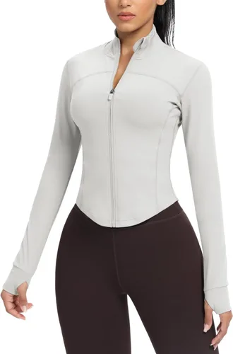 Miniatura 74 de AVGO Chaquetas de entrenamiento recortadas para mujer, con cremallera, ajustadas, atléticas, con agujeros para el pulgar