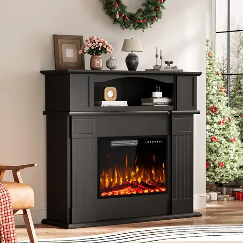 Miniatura 3 de PRETZI Chimenea eléctrica de 43 pulgadas con repisa, chimenea eléctrica de madera negra envolvente con repisa, inserto de chimenea de imitación