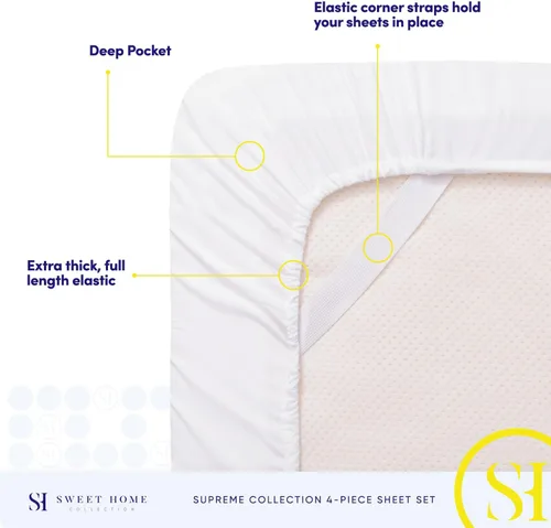 Miniatura 5 de Juego de sábanas extrasuaves de tamaño king, ropa de cama transpirable y lujosa con correas elásticas integradas para las esquinas, colección Blanco