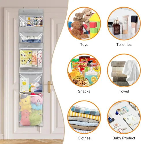 Miniatura 8 de Woodoulogy Almacenamiento de juguetes colgantes sobre la puerta, organizador de animales de peluche en bloques con 4 bolsas de estuche extraíbles