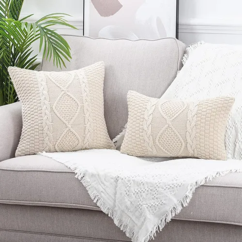 Miniatura 5 de MANDIOO Fundas de Almohada Decorativas de Algodón Tejido Beige, Fundas de Cojín Suaves y Acogedoras para Exteriores, Fundas de Almohada Modernas