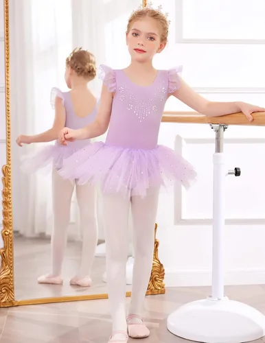 Miniatura 5 de Flypigs Leotardos de ballet para niñas, vestidos de tutú de bailarina con falda brillante, manga con volantes, vestido de baile de ballet