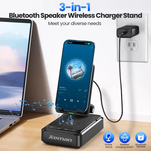 Miniatura 2 de Jteman Soporte para teléfono celular con altavoz Bluetooth y cargador inalámbrico, soporte de estación de carga de escritorio con altavoz