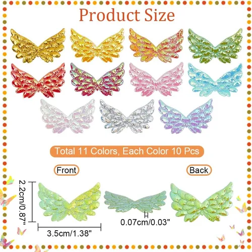 Miniatura 2 de AHANDMAKER 110 parches de alas de ángel con purpurina, 11 colores de 1.38 pulgadas, mini alas de ángel en relieve para Pascua, carnaval, costura