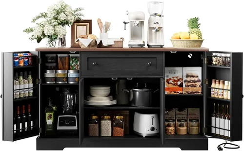 Miniatura 12 de VVFLU Modern Sideboard Buffet Cabinet with Wood Accent and Adjustable Shelves for Kitchen, Dining Room, Living Room