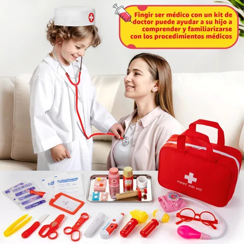 Miniatura 5 de Kit de médico para niños, 36 piezas de juego de doctor para niños pequeños de 3 a 5 años con bolsa médica y estetoscopio real, juego de doctor