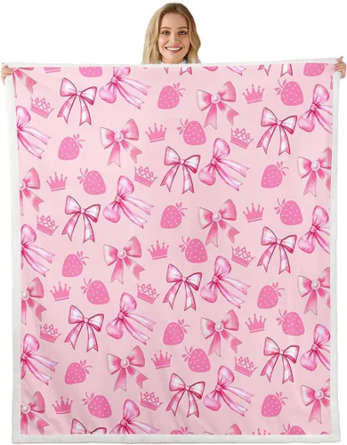 Miniatura 30 de Manta de franela con lazo rosa, manta de vellón con lazo en acuarela para decoración del hogar, sofá, sofá, manta de forro polar kawaii de dibujos