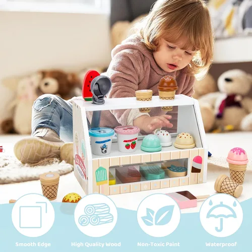 Miniatura 6 de ZJEFUNS - Juguetes de helado de madera para niños, mostrador de helados para niños pequeños, juego de simulación de alimentos, servir con cuchara