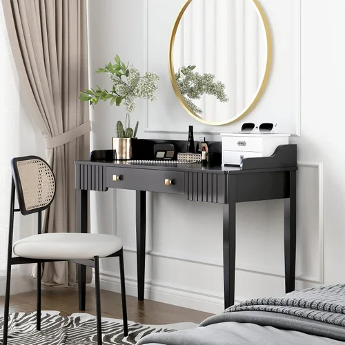 Miniatura 6 de Escritorio de maquillaje de madera negra que ahorra espacio, mesa moderna para computadora con cajones y asas doradas