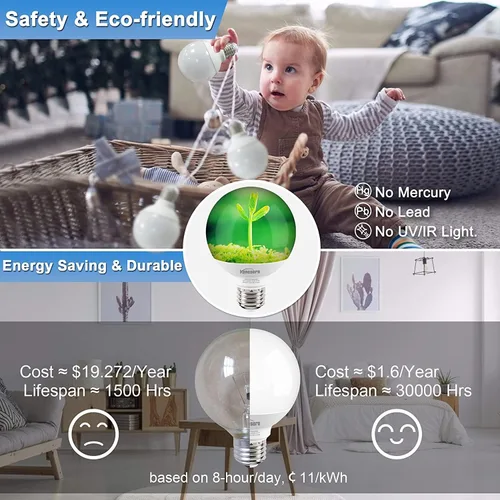 Miniatura 4 de Honesorn Bombillas de baño con base E26, equivalente a 60 vatios, luz diurna de 5000 K, bombillas LED de tocador para baño, bombillas redondas G25