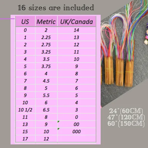 Miniatura 2 de KnitPal Juego de agujas de tejer circulares de bambú de 47 pulgadas (47.2 in), 16 pares, tamaños: US 0-17 (0.079 in-0.472 in) - Agujas de tejer