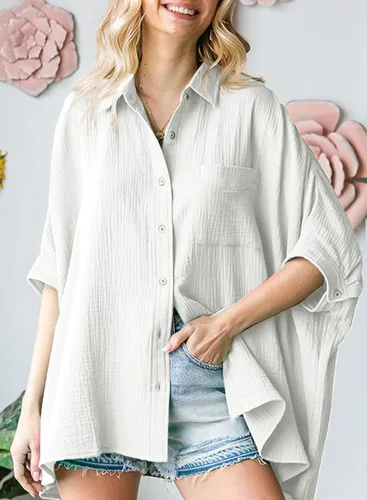 Miniatura 3 de Astylish Camisas de gran tamaño con botones para mujer, manga 34, cuello en V, texturizadas