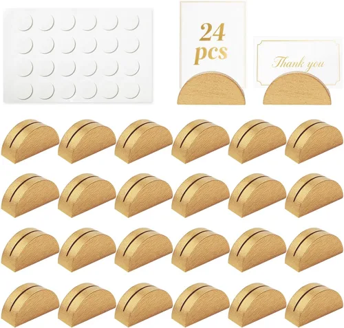 Worown Paquete de 24 soportes de madera dorada para números de mesa (tamaño pequeño de 1.6 pulgadas), los soportes semicirculares para nombres de