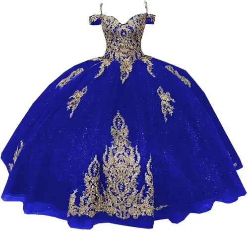 Vestido de fiesta bohemio con hombros descubiertos, vestidos de quinceañera, bordados de oro mexicano, con purpurina, tul para baile de graduación,