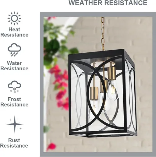 Miniatura 2 de Lámparas colgantes para exteriores, moderna linterna colgante exterior de 3 luces, panel de cristal transparente, candelabro grande negro