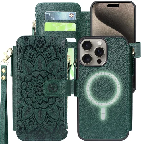Miniatura 7 de Harryshell Funda compatible con iPhone 15 Pro con carga inalámbrica MagSafe con 3 ranuras para tarjetas, bolsillo con cremallera, bolsillo