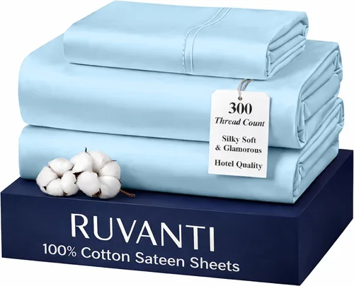 Miniatura 19 de RUVANTI Juego de sábanas de 100 % algodón tamaño matrimonial, tejido de satén suave y sedoso de 300 hilos, refrescante, ligero y transpirable, Beige