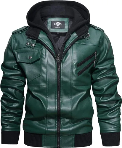Miniatura 9 de Hood Crew - Chaqueta bomber para hombre, casual, con cuello alto, cazadora de moto, de piel sintética de poliuretano, con cremallera y capucha Marrón