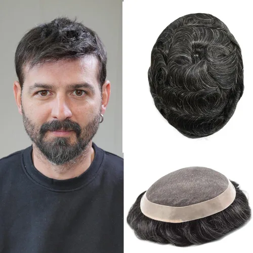Miniatura 104 de Mens Toupee Hair Piece Real Human Hair Fine Mono Toupee para hombres Sistema de reemplazo de cabello para hombre Postizo Protesis Capilar Para