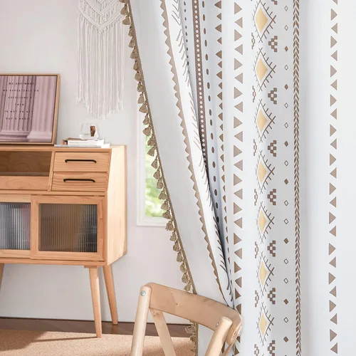 Miniatura 24 de NICETOWN Cortinas bohemias de lino transparente para sala de estar, cortinas semitransparentes de granja con patrón de rayas bohemias, cortinas Gris