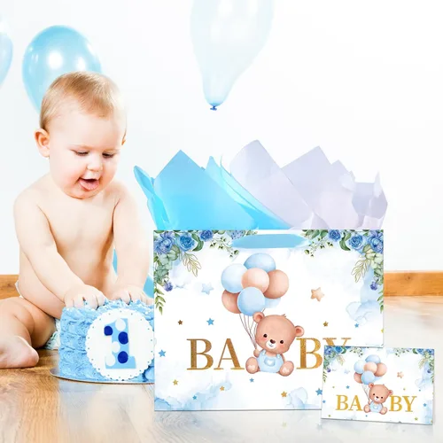 Miniatura 5 de Plauthus Bolsas de regalo grandes para bebé de 13 pulgadas con papel de seda y tarjeta de felicitación (oso de balón y floral), bolsas de regalo