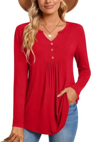 Miniatura 2 de CATHY Blusa tipo túnica de manga larga para mujer, cuello en V, con botones, informal, plisada, básica