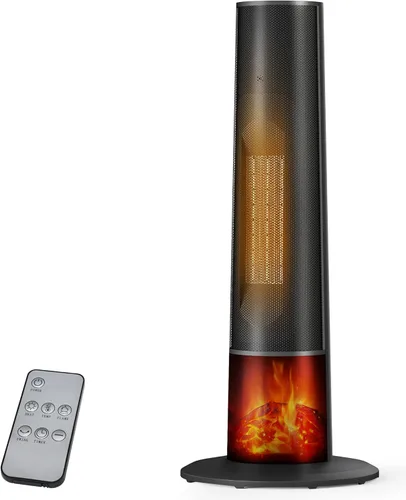 Calentador de torre para uso en interiores, calentador de espacio portátil de 25 pulgadas con llama 3D, control remoto, termostato ajustable, 2
