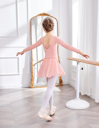 Miniatura 8 de Zaclotre Leotardos de ballet para niñas, de manga larga, espalda cruzada, traje de baile con falda brillante extraíble